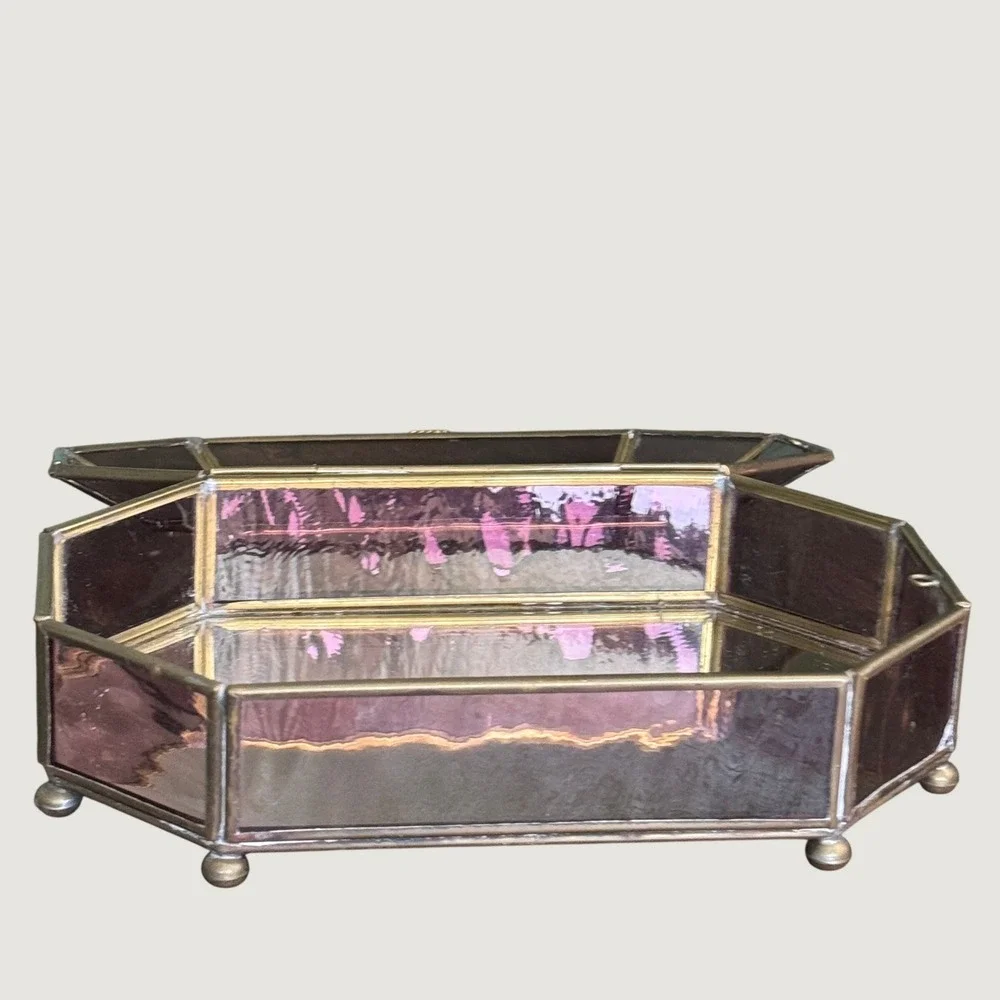 Vintage Purple Glass Jewelry Trinket Box Octagon Brass Etched Floral Lid